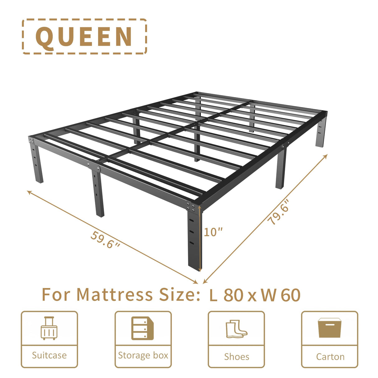 HOBINCHE 10 Inch Queen Size Bed Frame - No Box Spring Needed Heavy Duty Metal Platform Mattress Foundation with Steel Slats, Non-Slip Noise Free Easy Assembly Black Bedframes HOBINCHE