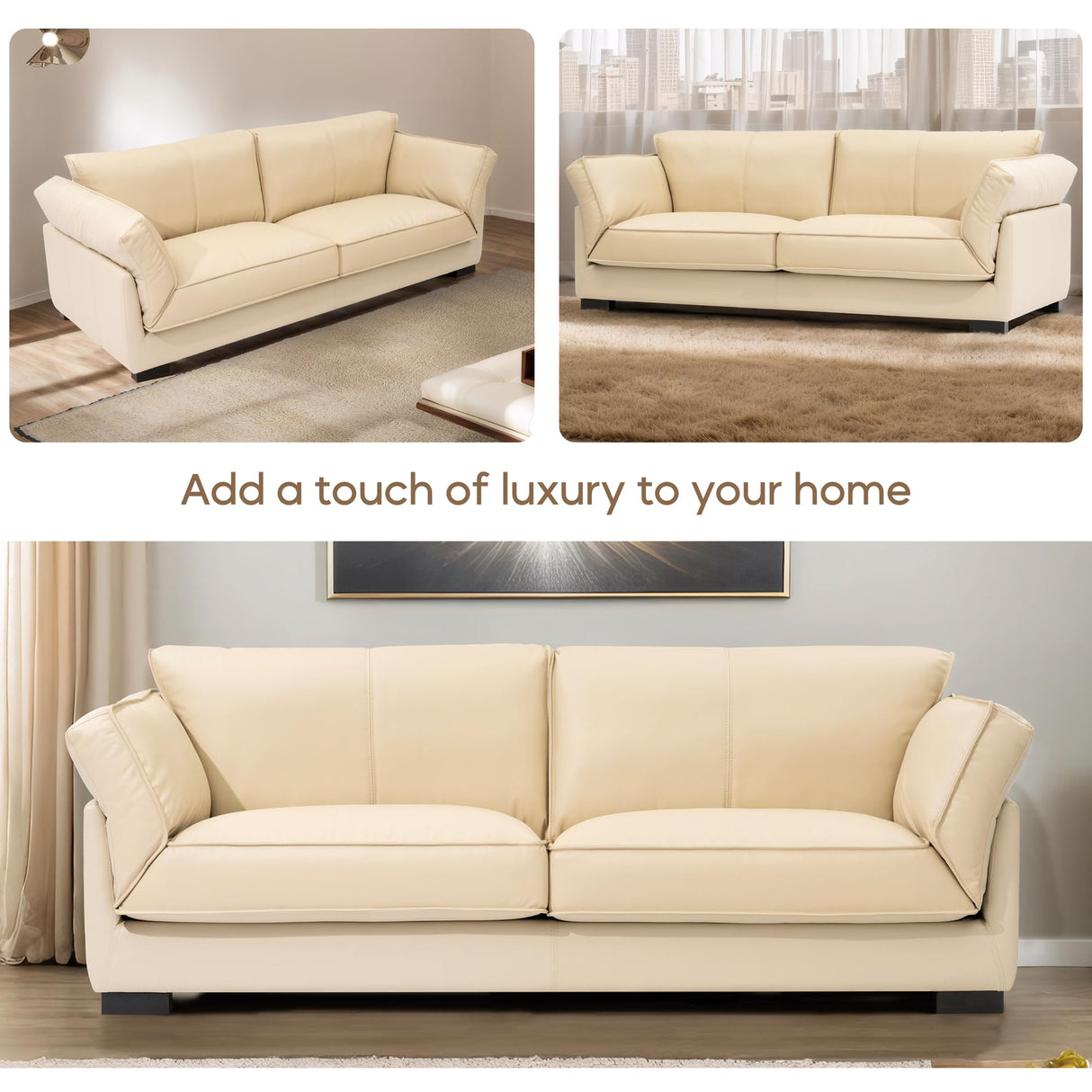 Olodumare 87’’ Genuine Leather Sofa for Living Room, Luxurious Top-Grain Leather Comfy Couch with Overstuffed Cushions, Mid-Century Modern Feather Filled Cushions Furniture, Cream Beige Olodumare