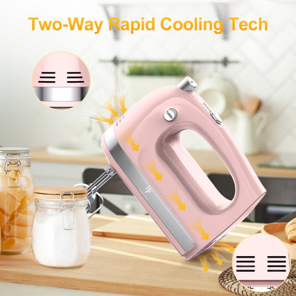 Hand Mixer Electric, 400W Food Mixer 5 Speed Handheld Mixer, 5 Stainless Steel Accessories, Storage Box, Kitchen Mixer with Cord for Cream, Cookies, Dishwasher Safe, Pink