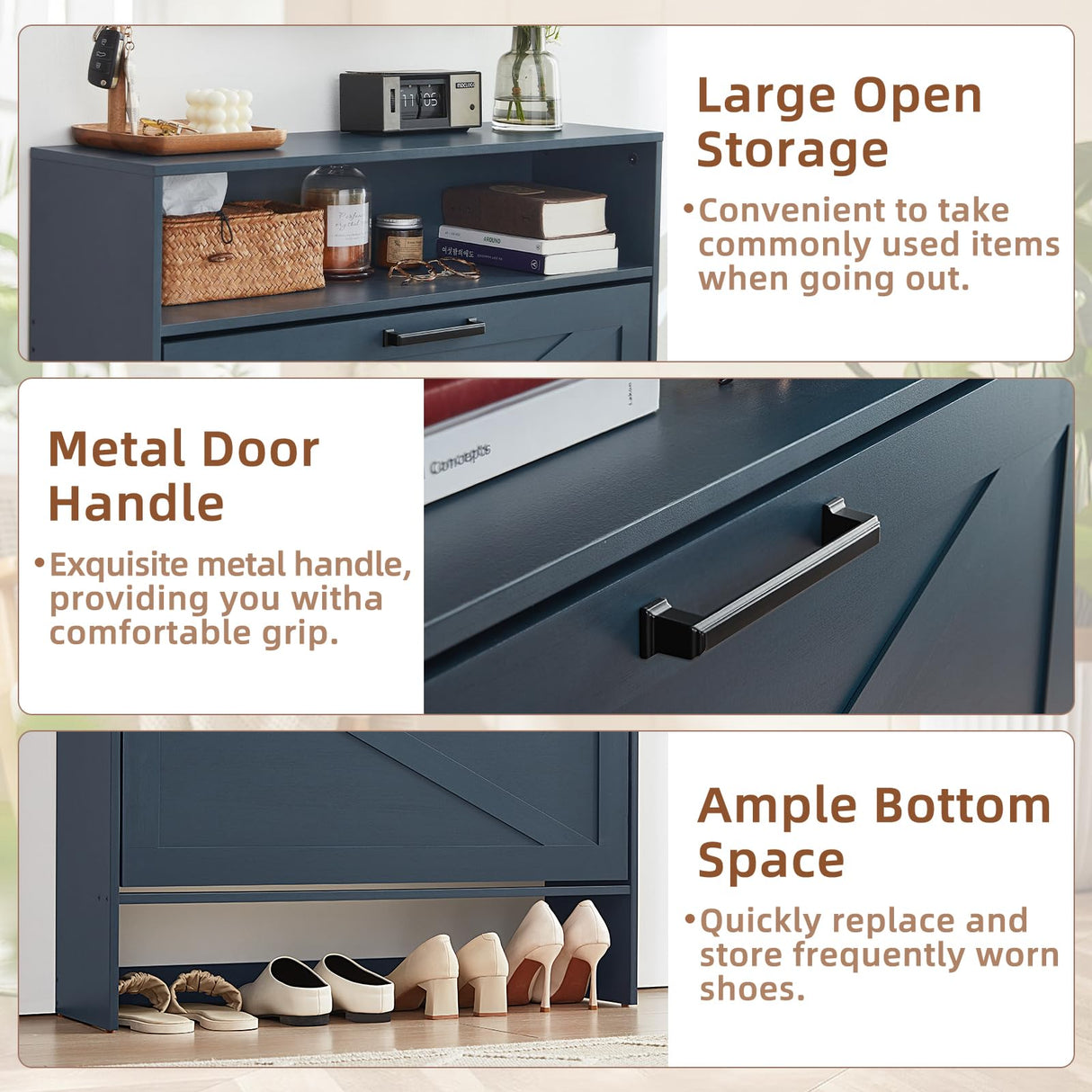 RWYHG Shoe Storage Cabinet with 2 Flip Drawers,Farmhouse Narrow Shoe Organizer with Legs,Freestanding Hidden Slim Shoe Rack Cabinet with Open Storage for Entryway,Hallway, Foyer, Blue RWYHG