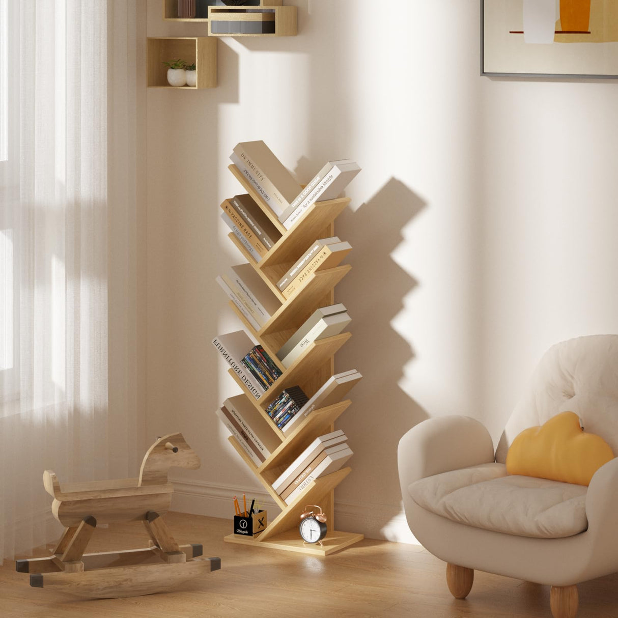 SHEEPAM 10 Tier Tree Book Shelf, Floor Standing Wood Bookshelf for Narrow Space, Storage Organizer Bookshelves for Books/CDs/Magazine, Bookcase with Shelves for Home Office, Living Room - Natural SHEEPAM