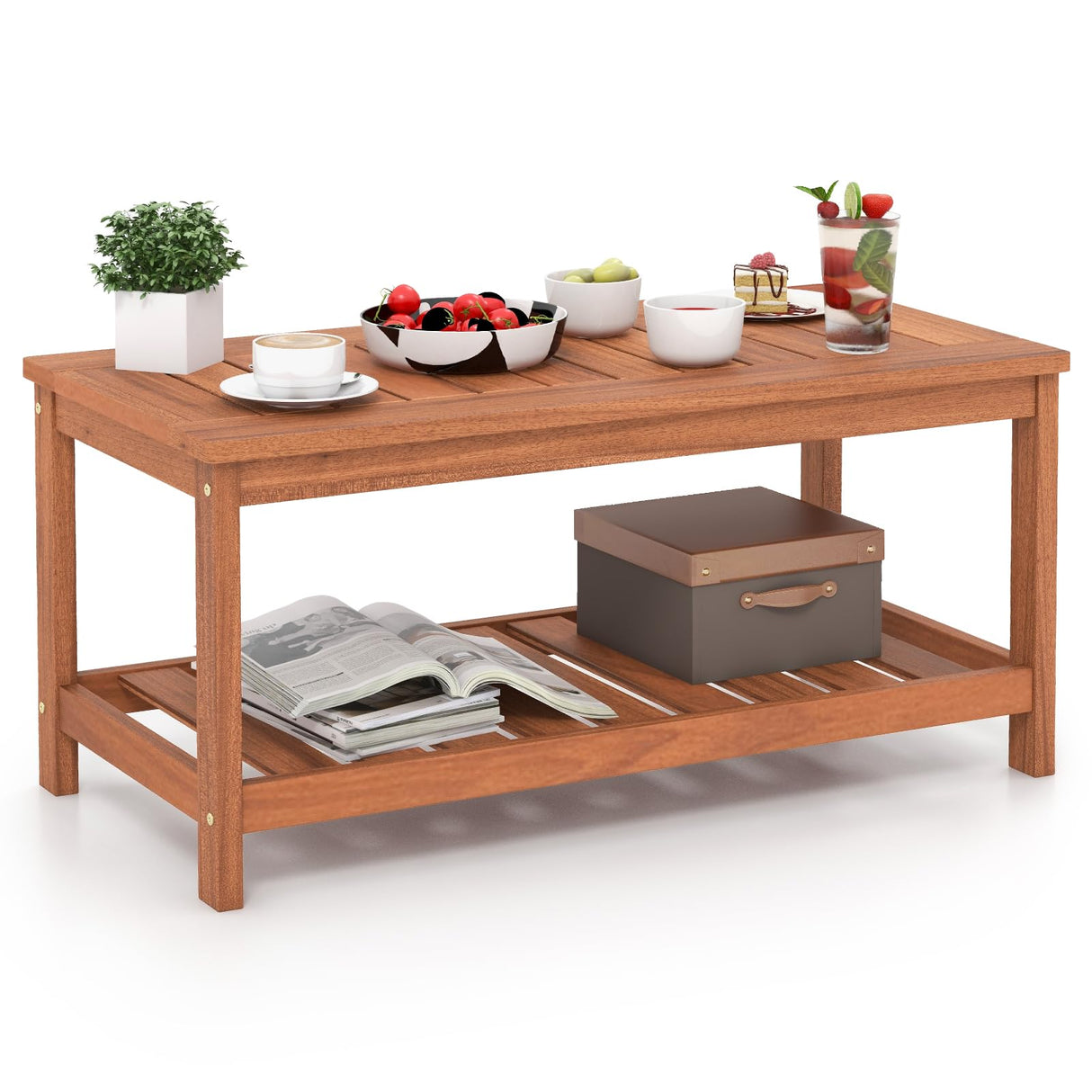 Giantex Hardwood Patio Coffee Table - 2-Tier Wooden Coffee Table with Slatted Tabletop & Storage Shelf, Outdoor Rectangular Center Table for Backyard, Garden, Poolside, Balcony & Indoor, Walnut Giantex