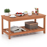 Giantex Hardwood Patio Coffee Table - 2-Tier Wooden Coffee Table with Slatted Tabletop & Storage Shelf, Outdoor Rectangular Center Table for Backyard, Garden, Poolside, Balcony & Indoor, Walnut Giantex
