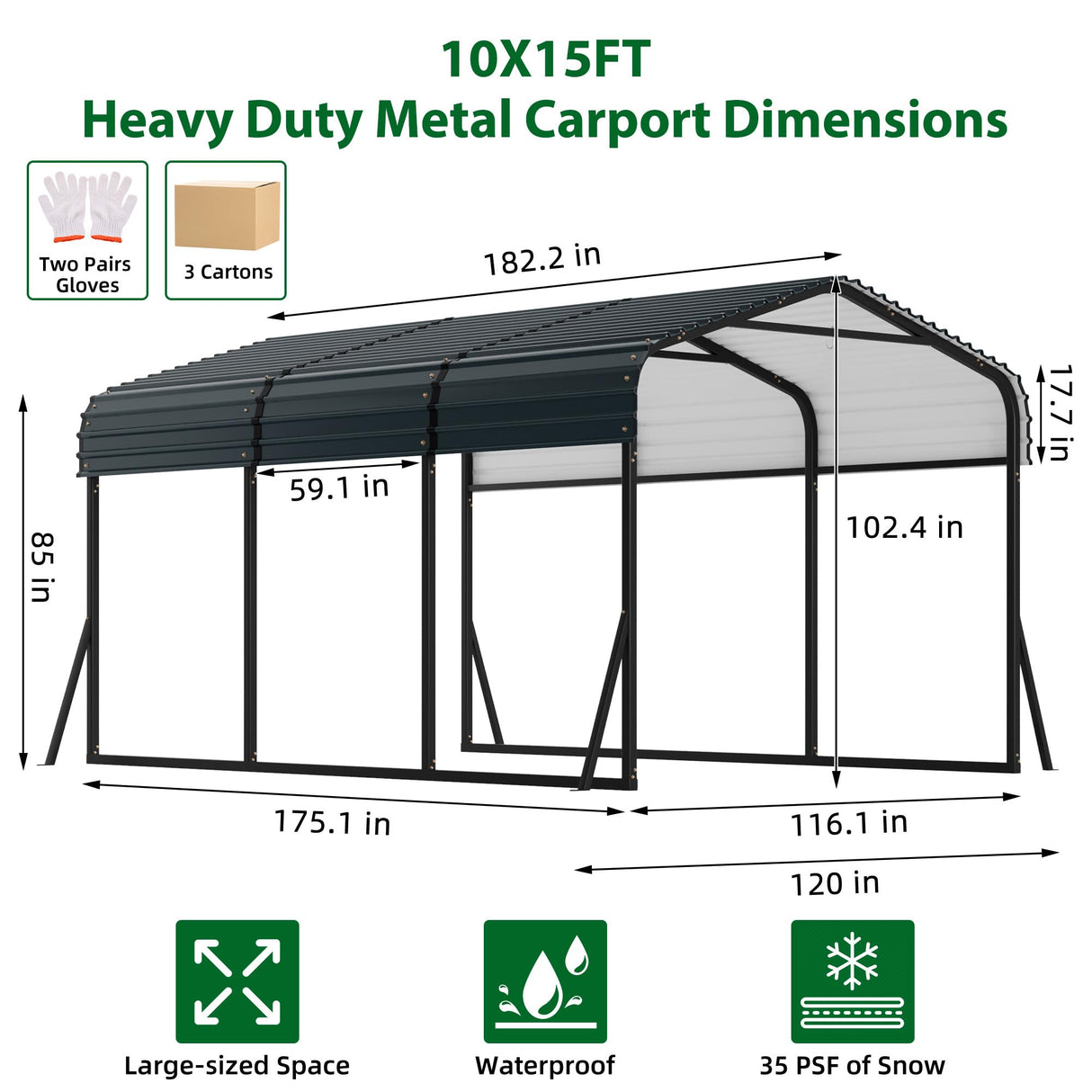Hipicute 10' x 15' x 8.5' Heavy Duty Metal Carport with Galvanized Steel Roof, Steel Carport Kits Outdoor with Metal Roof, Galvanized Car Shelter for Tractors, Pickup, Boat, Car Hipicute