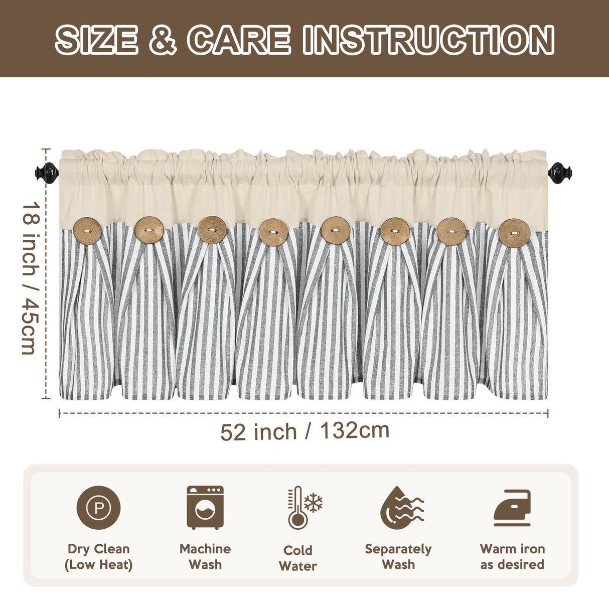 ASPMIZ Cotton Linen Kitchen Valance Curtains, Boho Rustic Button Linen Valances for Windows Farmhouse, Grey Stripe Valance Window Topper Treatment, Window Valances for RV Bathroom Cafe, 52 x 18 Inch ASPMIZ