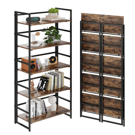 BHG Vintage Multifunctional Folding Bookshelf, No-Assembly Plant Stand Storage Rack Shelves for Home Office (Fire, 5-Tier) BHG