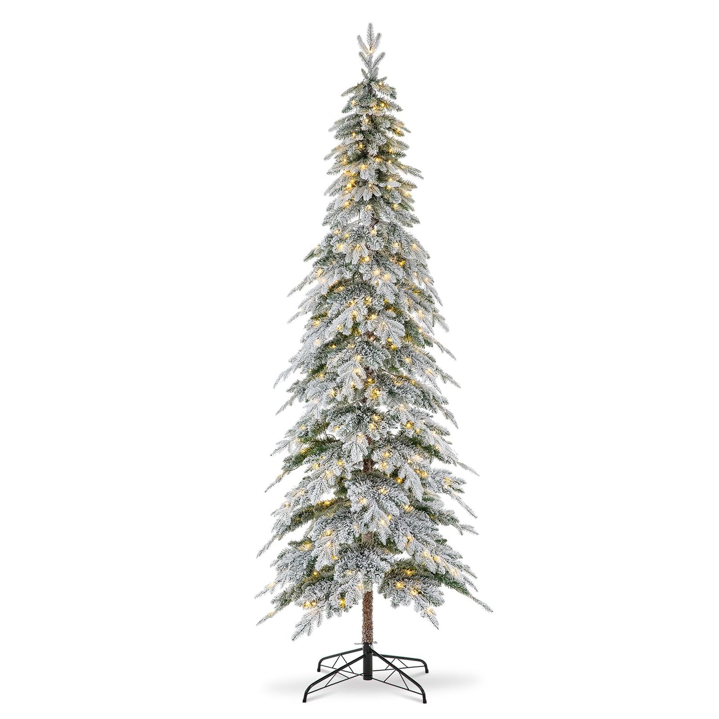 Glitzhome 9ft Pre-Lit Flocked Pencil Spruce Artificial Christmas Tree with 470 Warm White Lights and Sturdy Metal Stand for Home, Office, Party Decoration