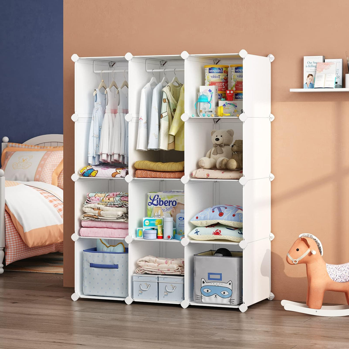 VIPZONE Baby Closet,Dresser, Kids Closet Organizers, Portable Kids Wardrobe for Closet, Bedroom, Nursery, Cubby, Cabinet, Clothes, Dress, Baby Storage Shelf, Armoire Clothes Hanging (12 Cube, White) VIPZONE