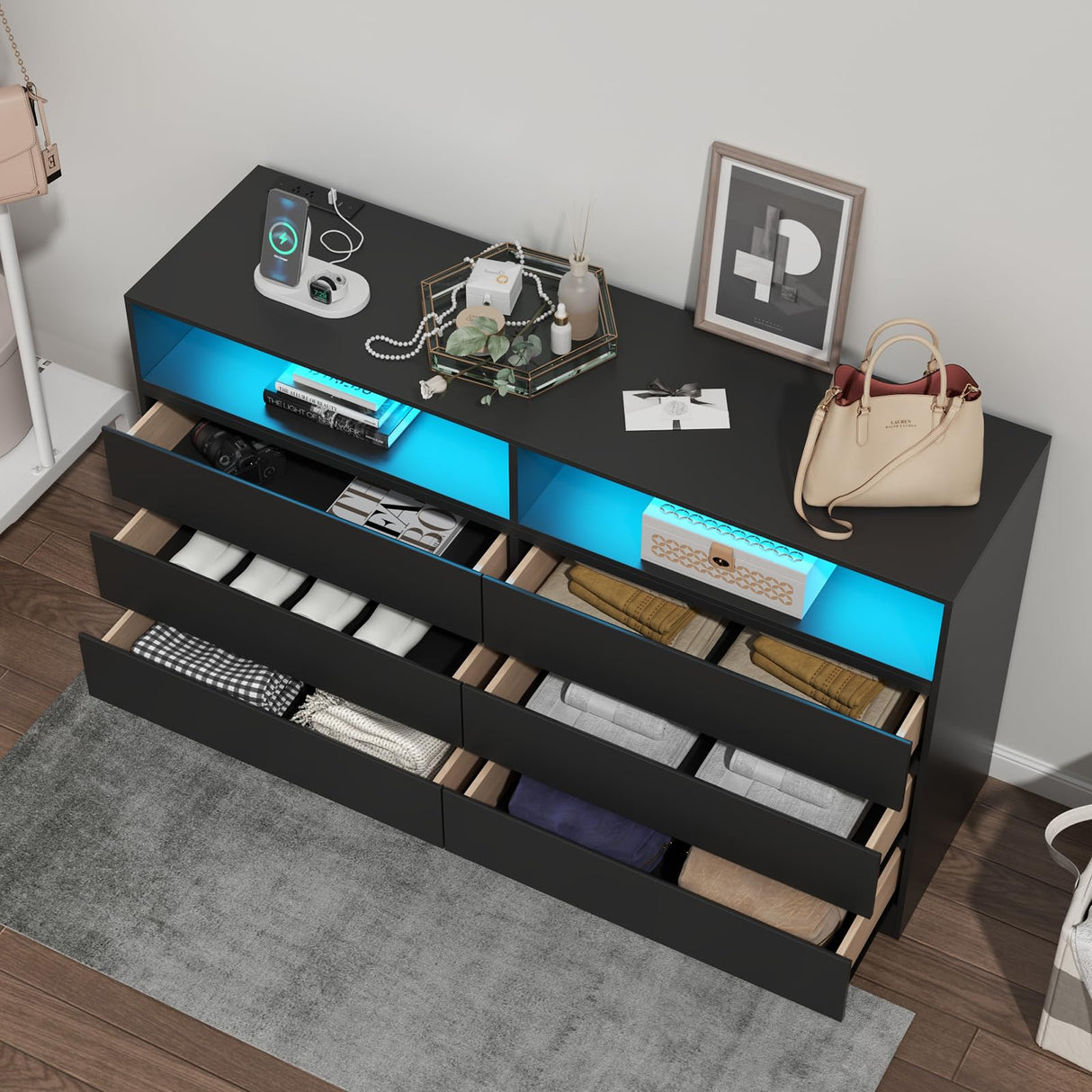 STIKELY 6 Drawer Dresser for Bedroom with Power Outlet, Black Dressers with LED Light, Dresser Chest of Drawers for Closet,Wooden Dressers Organizer Cabinet for Living Room,Entryway, Hallway STIKELY