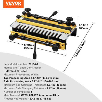 VEVOR Dovetail Jig, 12 in Width, Dove Tailing Router Jigs with Router Bit & 1/2” Template, Precise Alignment Dove Tail Jig, Mortise and Tenon Jig Woodworking Tools for Furniture & Wood Cabine - WoodArtSupply