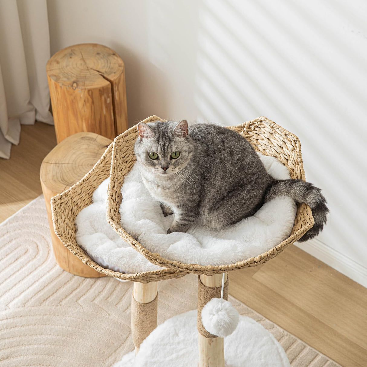 Modern Cat Tree for Indoor Cats Large Adult 46" Tall,Wooden Cat Tower for Large Cats with Scratching Post,Luxury Cat Condo, White. PISARRY