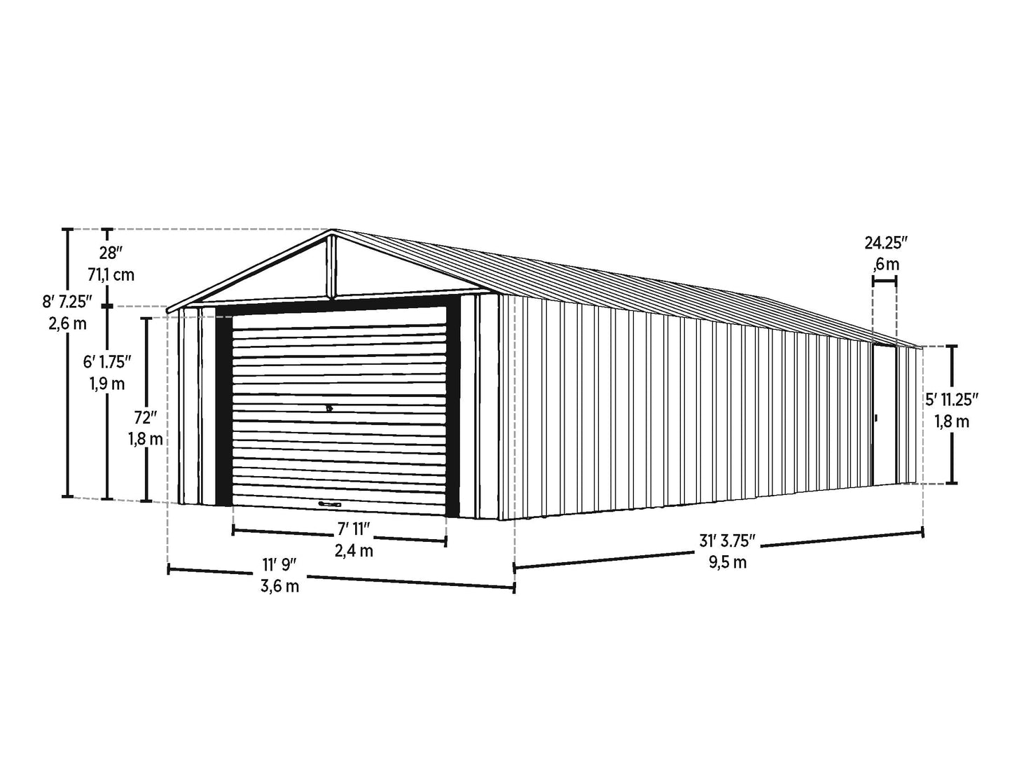 Arrow Shed 12' x 31' Murryhill Garage Galvanized Steel Extra Tall Walls Prefabricated Shed Storage Building, 12' x 31', Flute Gray - WoodArtSupply