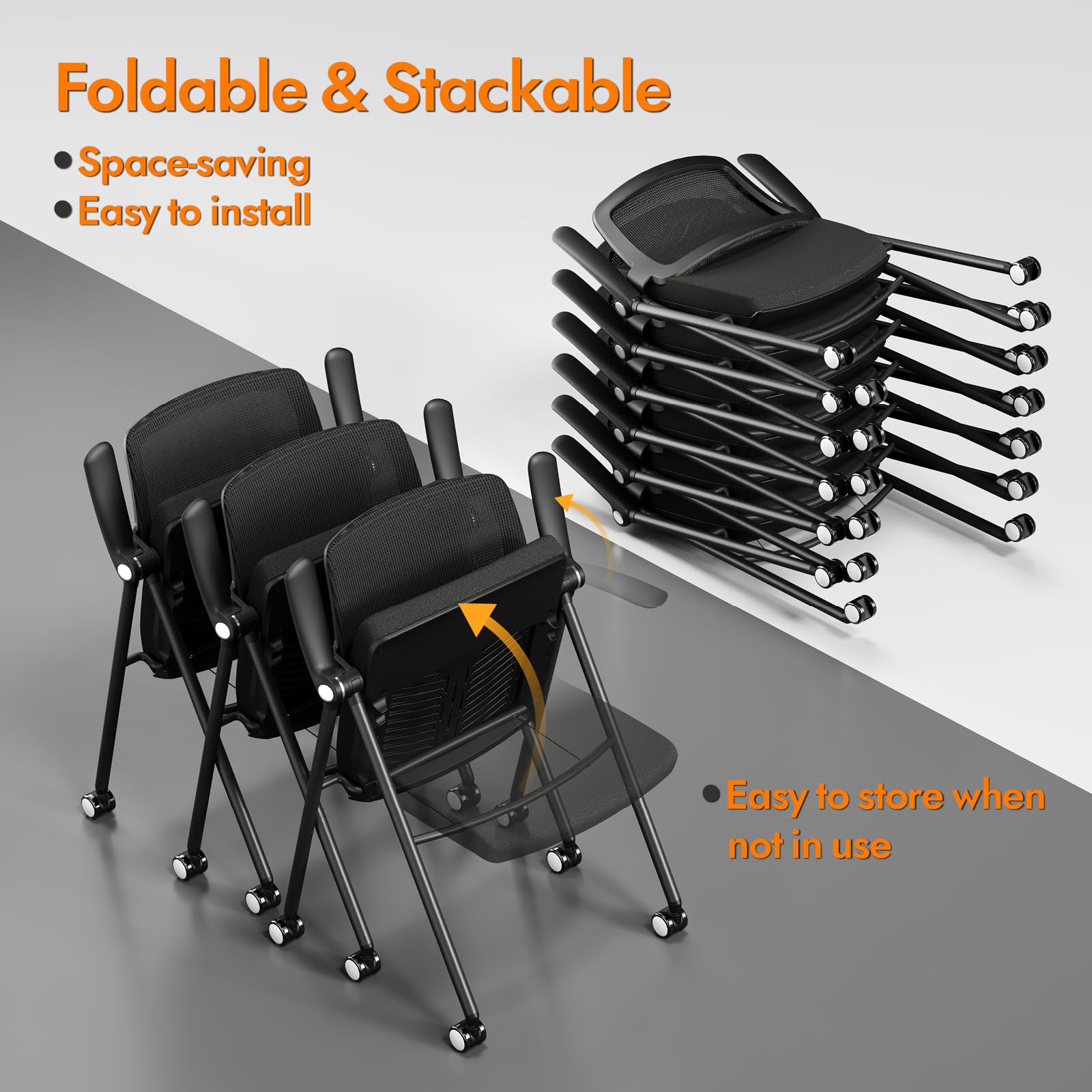 FYLICA Stackable & Foldable Office Chair Set of 2, Folding Desk Chair with Flip-Up Armrest, Breathable Mesh, Thick Seat Cushion & Rocking Backrest, Conference Room Chair with Wheel (Black) - WoodArtSupply