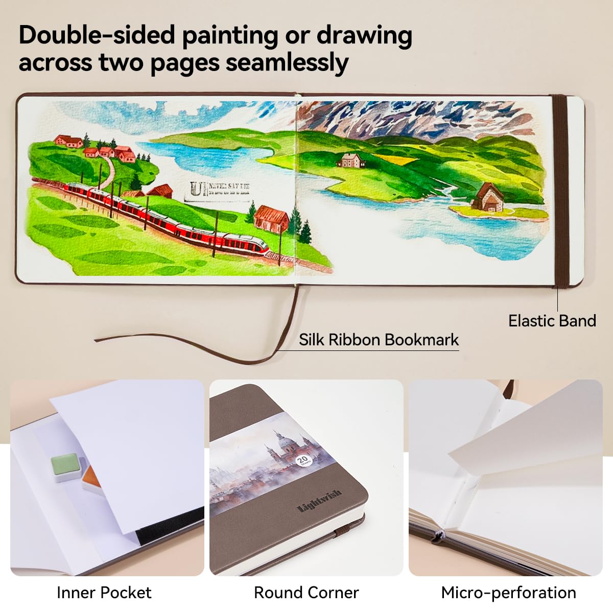 Lightwish Watercolor Journal, 100% Cotton Cold Press Watercolor Paper Sketchbook 7.6” x 5.3”, 20 Sheets (140lb/300gsm), Acid-Free for Watercolors, Gouache, Acrylics LIGHTWISH