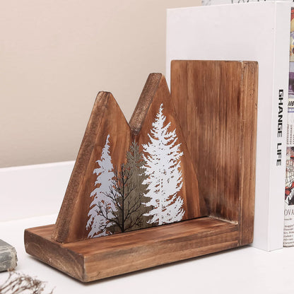 NIKKY HOME Heavy Duty Non Slip Rustic Woodland Mountain Wood Bookend Forest Book Ends Book Stoppers for Cabin Decor Home and Office Shelves Children