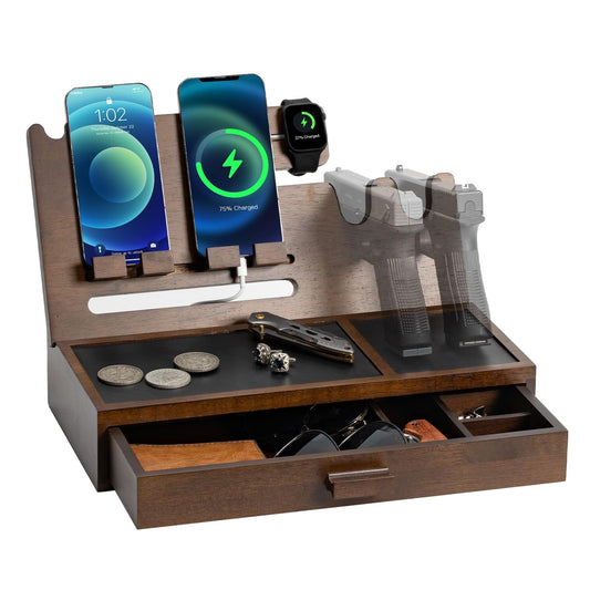 DGWJSU Phone Docking Station as Gifts for Men, Wood Pistol Rack As Nightstand Organizer for Gun Safe, Phone Charging Station as Gifts for Him Boyfriend Father in Anniversary Birthday Christma - WoodArtSupply