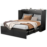 Hlivelood Full Size Murphy Chest Bed with Drawer and Charging Station, Farmhouse Wood Space-Saving Hidden Folding Bed Chest, Multifunctional Storage Cabinet Beds for Bedroom, Office, Black Hlivelood