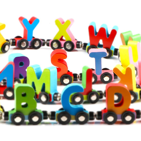 Wooden Alphabet Train Toy 27 PCS Magnetic Alphabet ABC Set Includes 1 Engine and 1 Storage Box Letter Cars for Toddlers Kids Boys and Girls, Compatible with Tracks Wondertoys