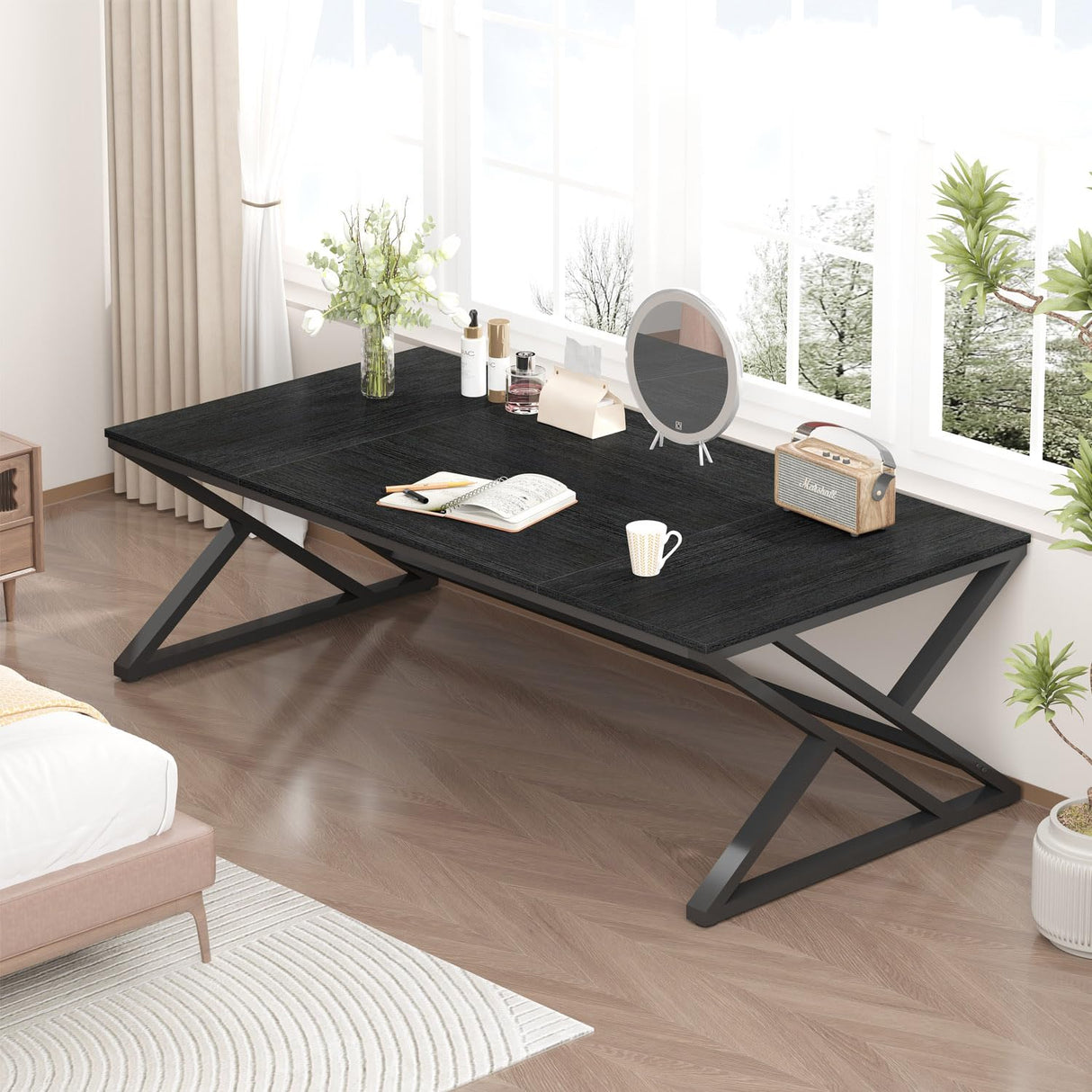 HSH 70.8" Black Computer Desk, Large Modern Workstation Home Office Desk, Long Industrial Study Gaming Work Writing Desk for 2 Person, Farmhouse Double Wood Executive Pc Table with Storage in Bedroom HSH