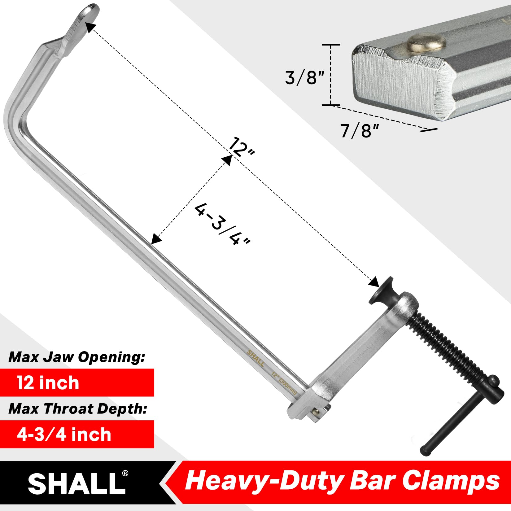 SHALL 12 In Heavy-duty Bar Clamps, 4-Pack Drop Forged Steel Welding F Clamps, All-Steel Thick Rail Wood Clamps with 1200Lbs Load Limit for Woodworking, Welding, Metal Working | 4-3/4" Throat - WoodArtSupply