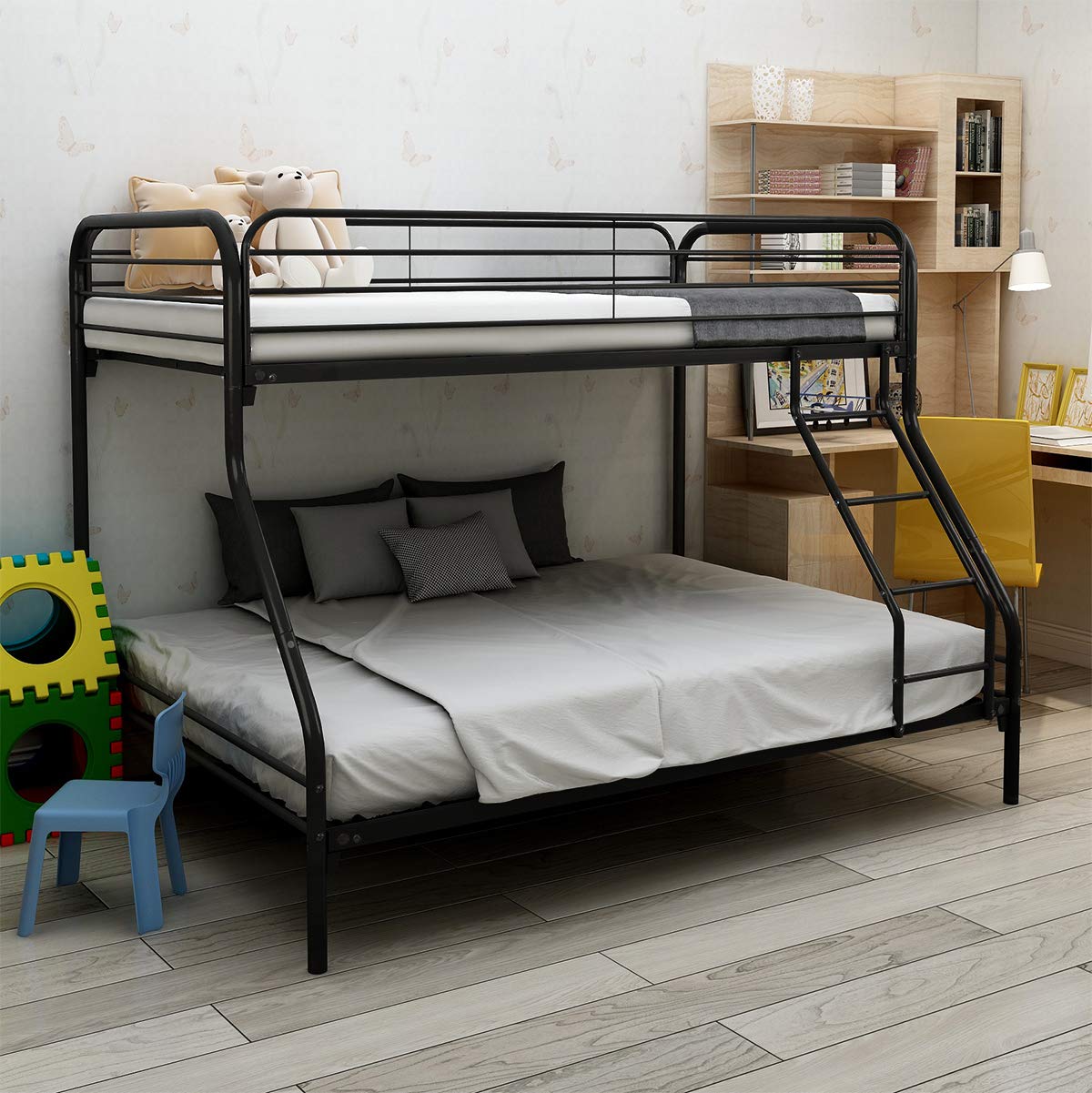 JURMERRY Twin-Over-Full Bunk Bed with Metal Frame and Ladder,Black JURMERRY