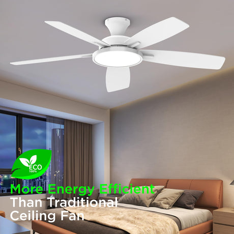 TALOYA 52 inch Ceiling Fans with Lights,Remote Control Multifunctional Quiet Fan with Three Color Temperature and Dimmable Light with Reversible Blades White TALOYA