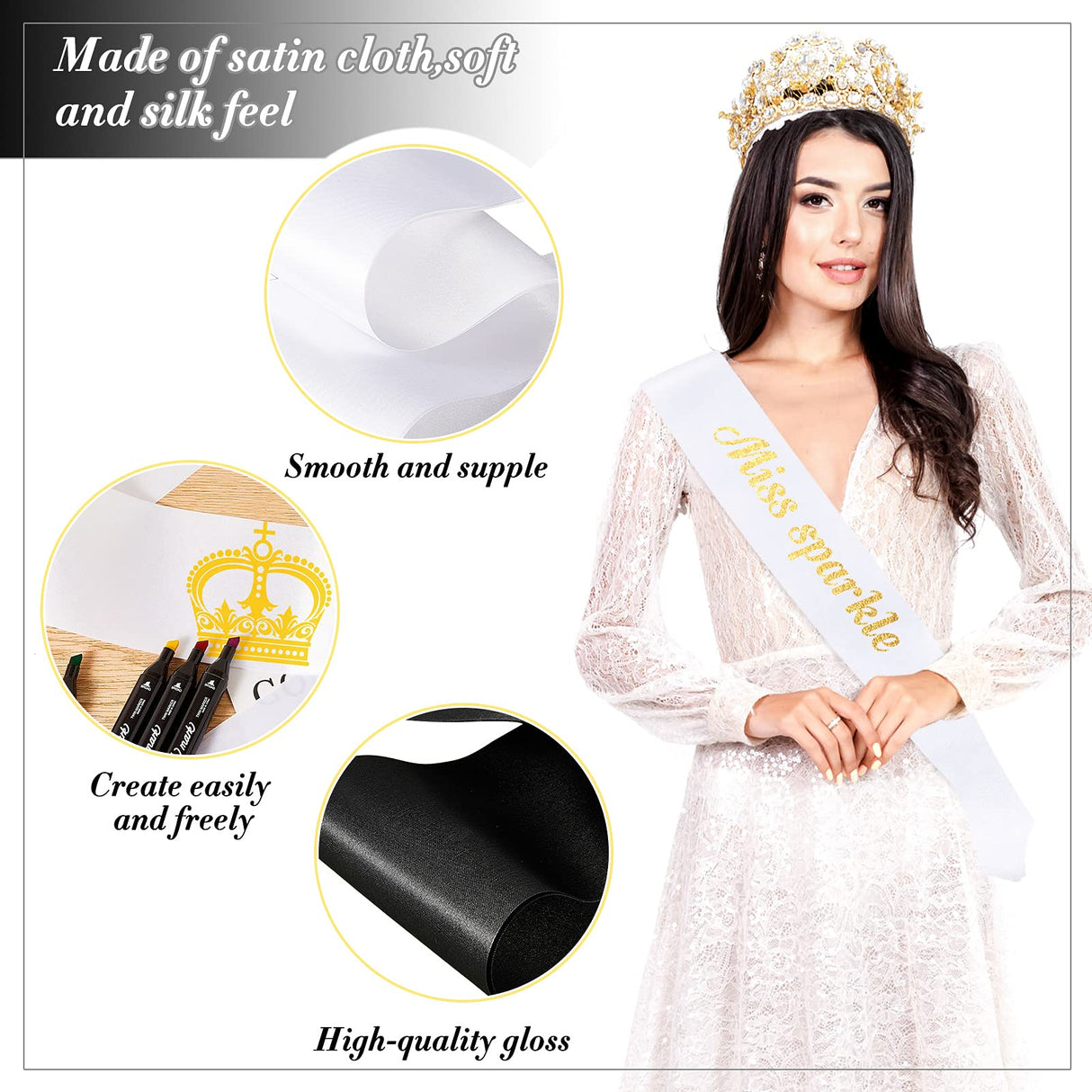 24 Pieces Satin Sash Blank Sashes Pageant Sash Blank Sashes Plain Sashes DIY Plain Sashes Satin Sashes for Wedding Party Decoration Personalized Pageant Your Text Here (Black, White) Waydress