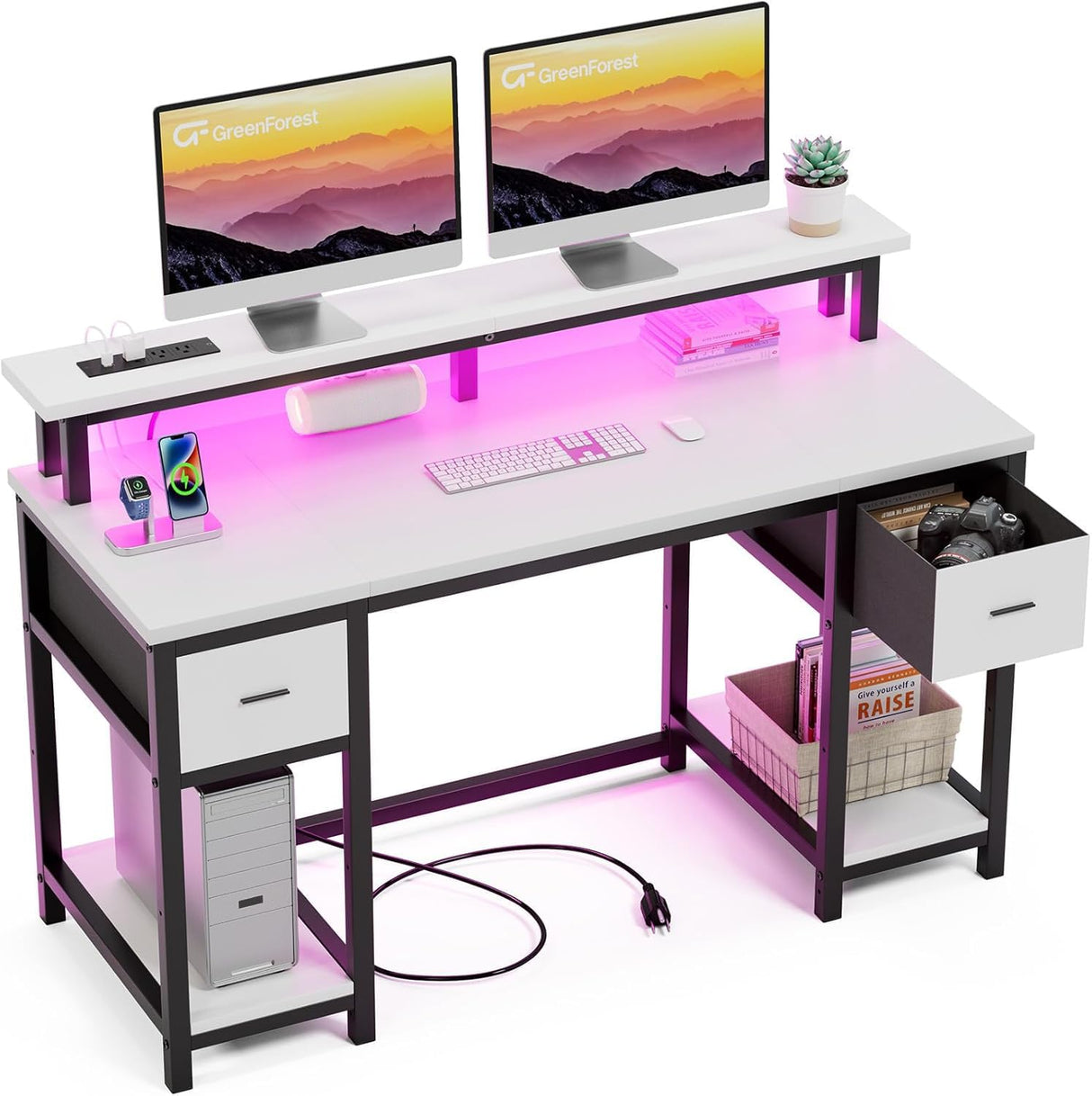 GreenForest Computer Desk 50 Inch with Monitor Stand and LED Lights, Gaming Desk with 2 Fabric Drawers and Power Outlets, Office Desk with Shelves, White GreenForest