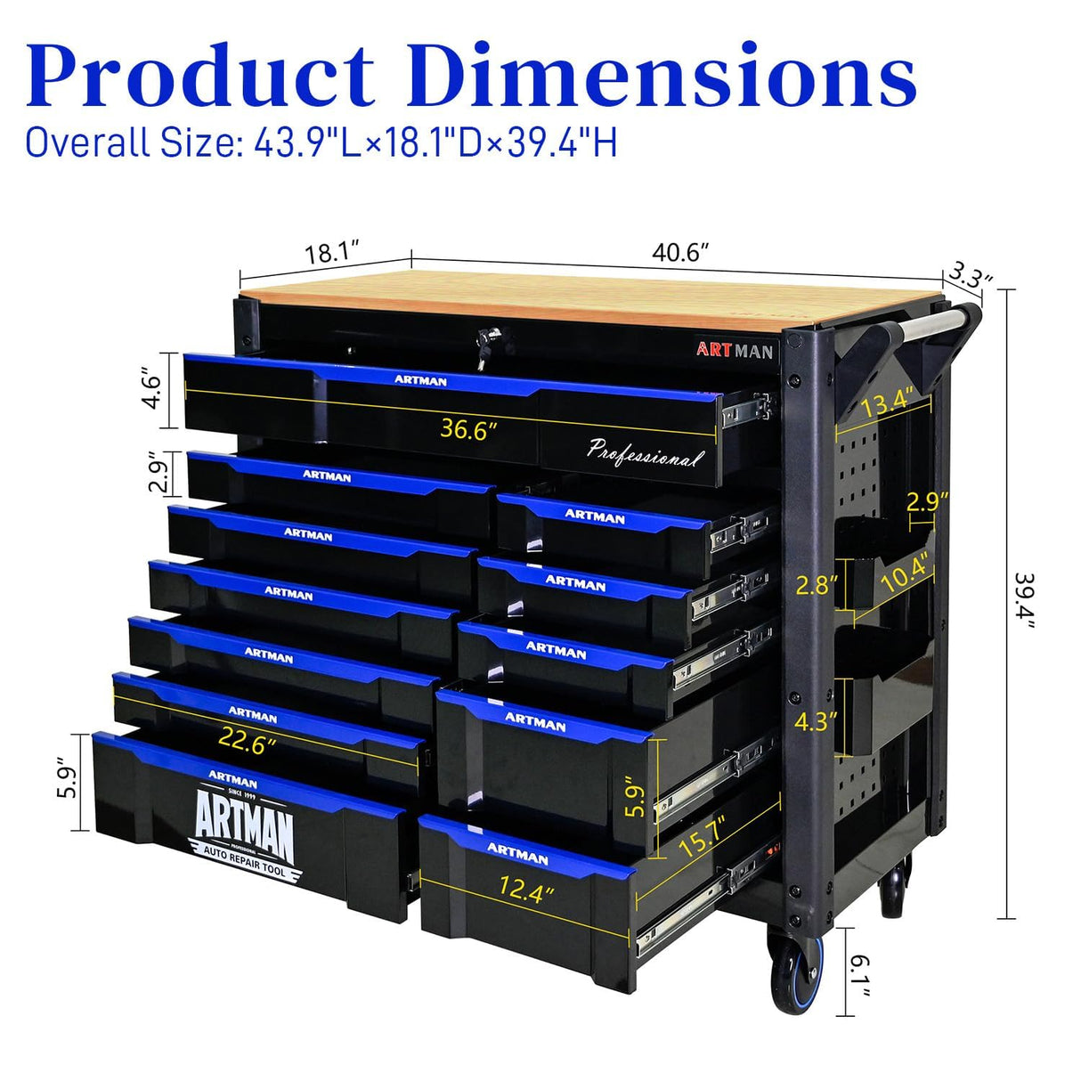 WTRAVEL Heavy Duty Rolling Tool Chest with 12-Drawer Tool Cart Mechanic Tool Box with Wheels Tool Storage Cabinet Mobile Workbench Tool Bench for Garage, Workshop, Warehouse, Repair Shop, Wood Top WTRAVEL