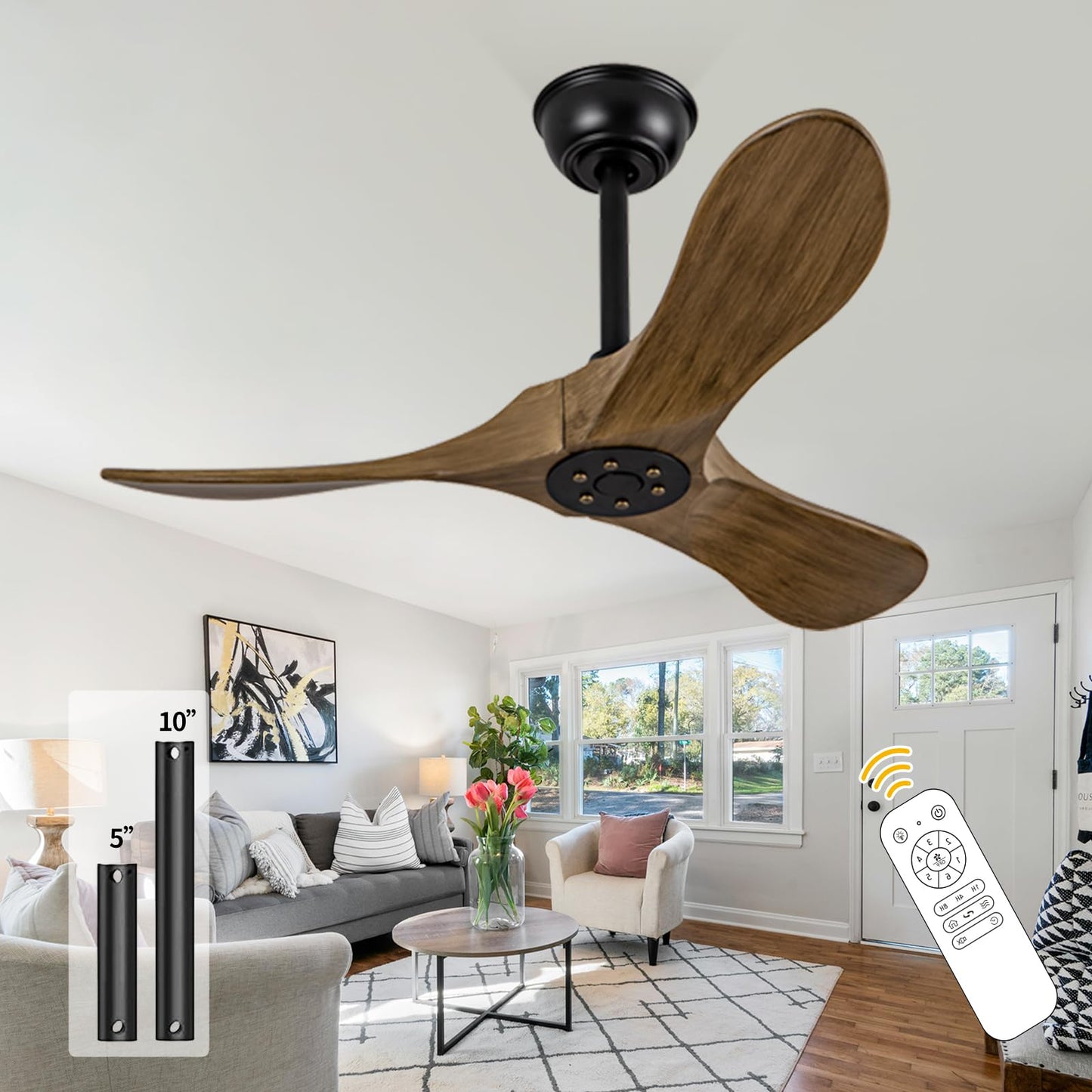 Ceversa 36 Inch Outdoor Ceiling Fan no Light,Solid Wood Ceiling Fan without Light with Remote Control,3 Blades Grey Small Ceiling Fan for Patio,Indoor,Living Room,Bedroom,Porch,Farmhouse