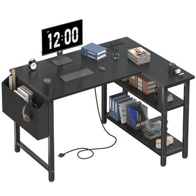 DLisiting Black L Shaped Gaming Computer Desk with Power Outlet Shelves, 40 Inch Small Corner Desk for Small Space Home Office, Study Work PC Desks for Bedroom, Black