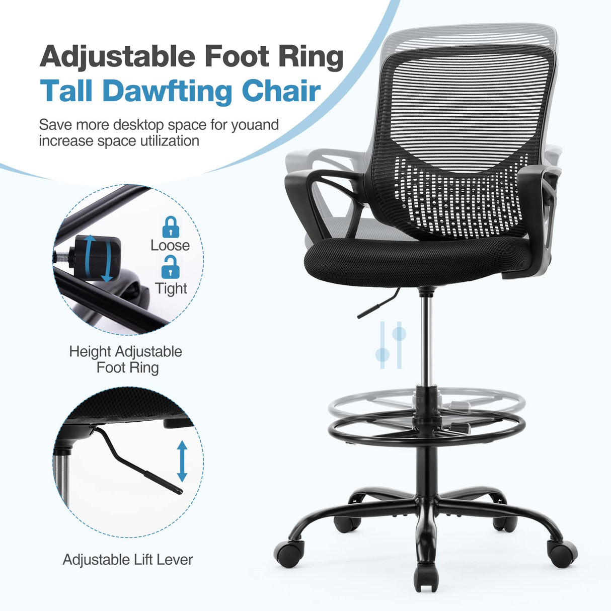 JHK Drafting Home Office Tall Computer Standing Desk Task Chair with Adjustable Foot Ring and Armrest, Breathable Mesh, Ergonomic Lumbar Support, 360° Swivel Rolling for Adult, Black JHK