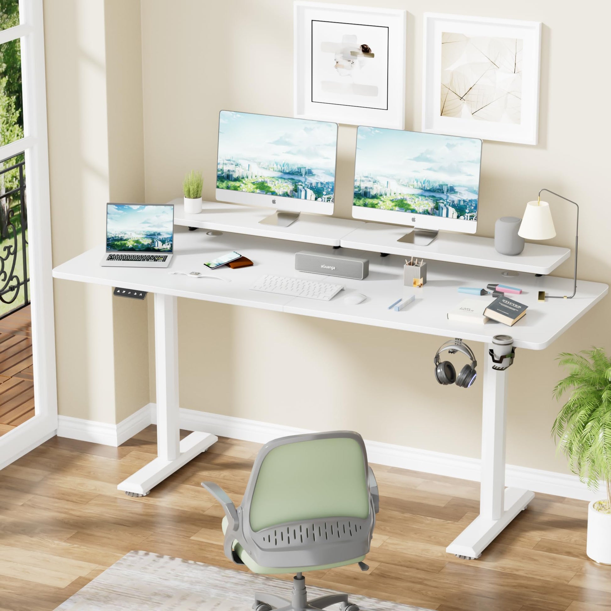 JUMMICO Electric Standing Desk, Adjustable Height Desk 63 x 27 Inch with Monitor Stand, Home Office Computer Desk (White) - WoodArtSupply