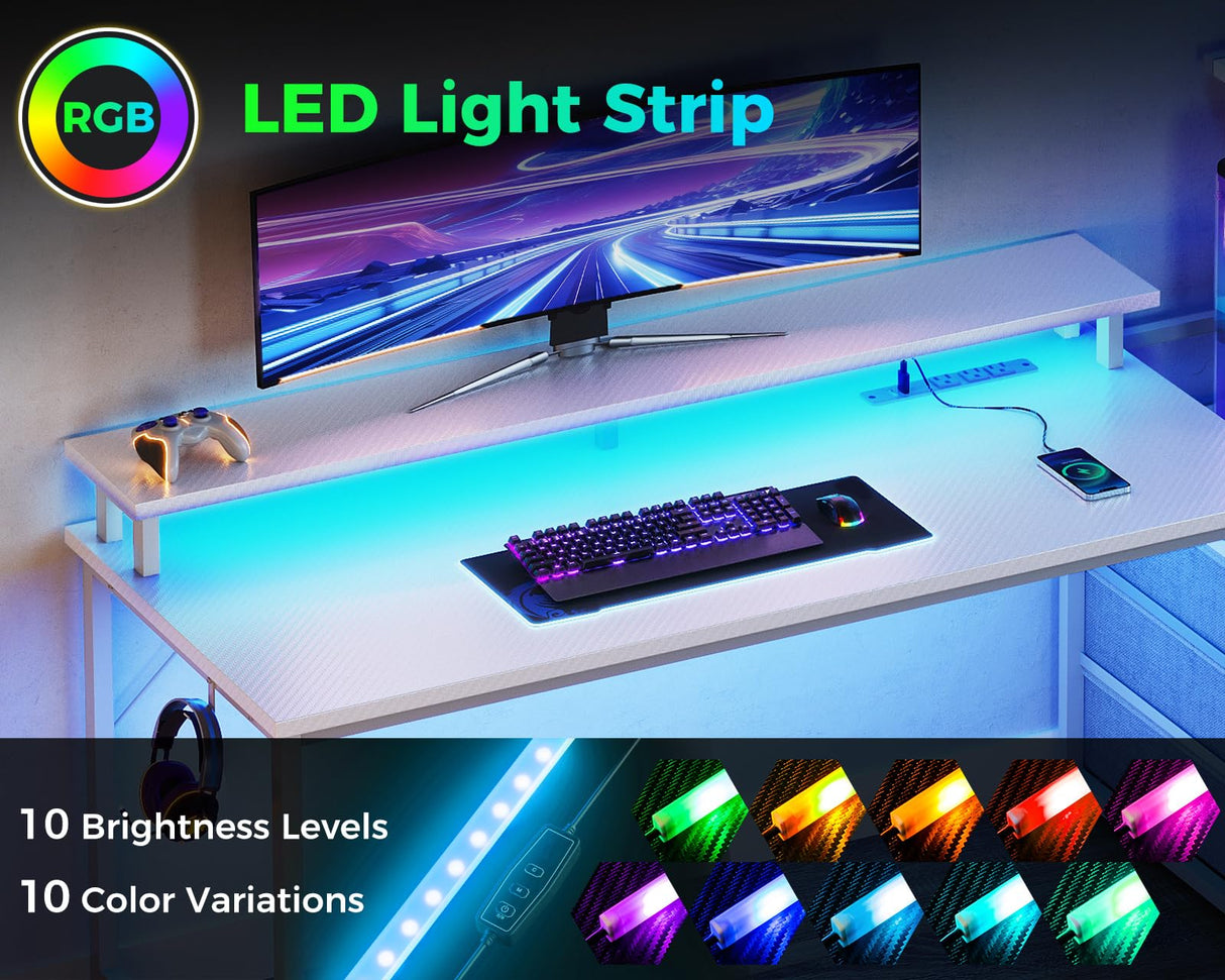 AODK 59 Inch Gaming Desk with USB Charging Ports & LED Light- Reversible Computer Desk with Storage Shelves & Monitor Stand, Modern Gamer Desk Table with Fabric Drawers & Side Hook, Carbon Fiber White AODK