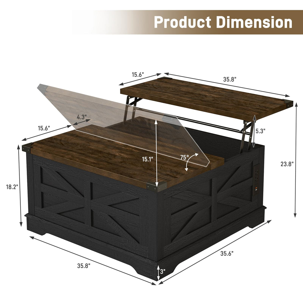 Hlivelood 36" Farmhouse Movable Lift Top Coffee Table with Storage and Power Outlets, Square Wood Living Room Tables with Wheels&Large Hidden Space, Lift Wooden Barn Door Center Table, Black Hlivelood