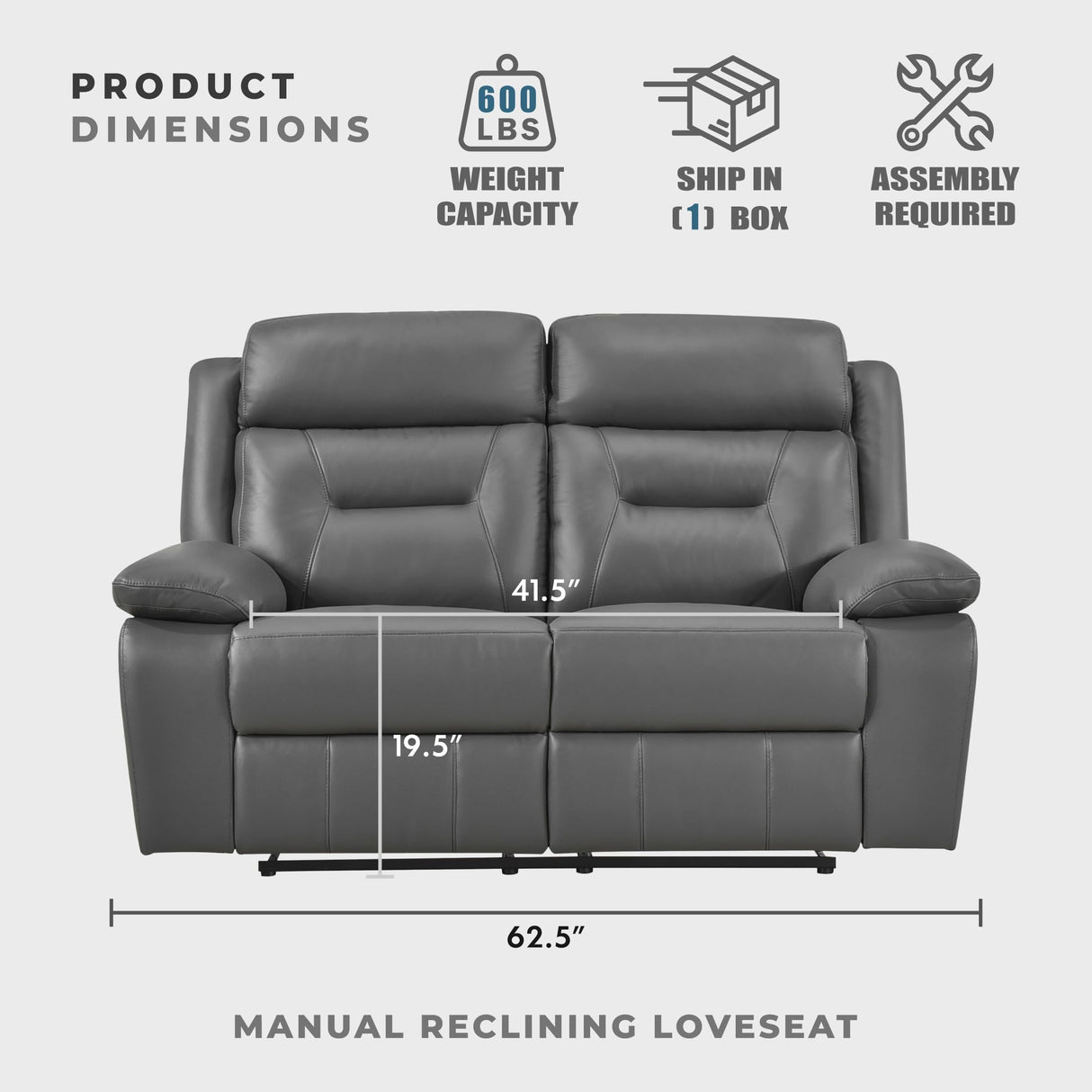 Lexicon Reclining Sofa for Living Room, Double Recliner RV Couch, Manual Wall Hugger Recliner, Home Theater Seating Leather Match Reclining Sofa with Pillow Top Armrests, 62.5''W Loveseat, Dark Grey Lexicon