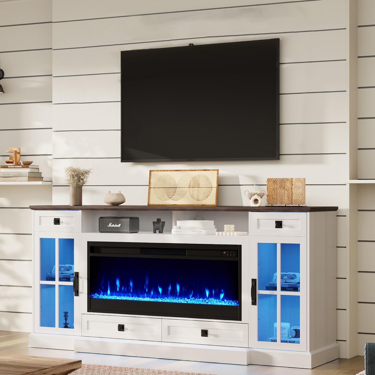 YUMPIE Farmhouse Fireplace TV Stand for TVs up to 80", 70 Inch Large TV Stand with Lighting Glass Door Cabinets/Drawers/Adjustable Shelves, Entertainment Center with 43" Electric Fireplace, White