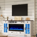 YUMPIE Farmhouse Fireplace TV Stand for TVs up to 80", 70 Inch Large TV Stand with Lighting Glass Door Cabinets/Drawers/Adjustable Shelves, Entertainment Center with 43" Electric Fireplace, White YUMPIE