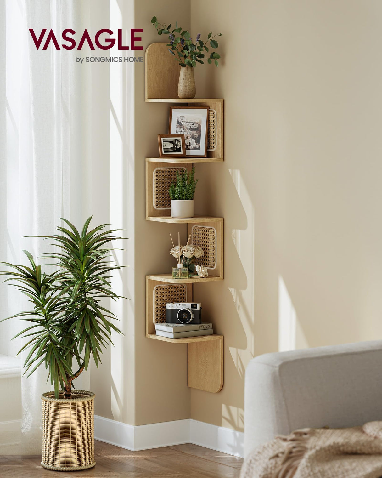 VASAGLE 5-Tier Corner Shelf, Wall Mounted Floating Shelf, Zigzag Corner Shelf Unit, PVC Rattan Sides, Space-Saving, for Kitchen, Living Room, Bedroom, Boho Style, Oak Beige ULLS582Y57 VASAGLE