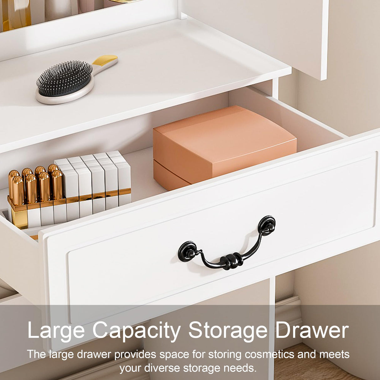 Montary Modern Mini Vanity Table with LED-lit Mirror & Hidden Storage & Padded Stool, 23.6" D Adjustable Brightness Vanity Desk Simple Design, Space-Saving Dressing Table for Small Bedrooms, White Montary