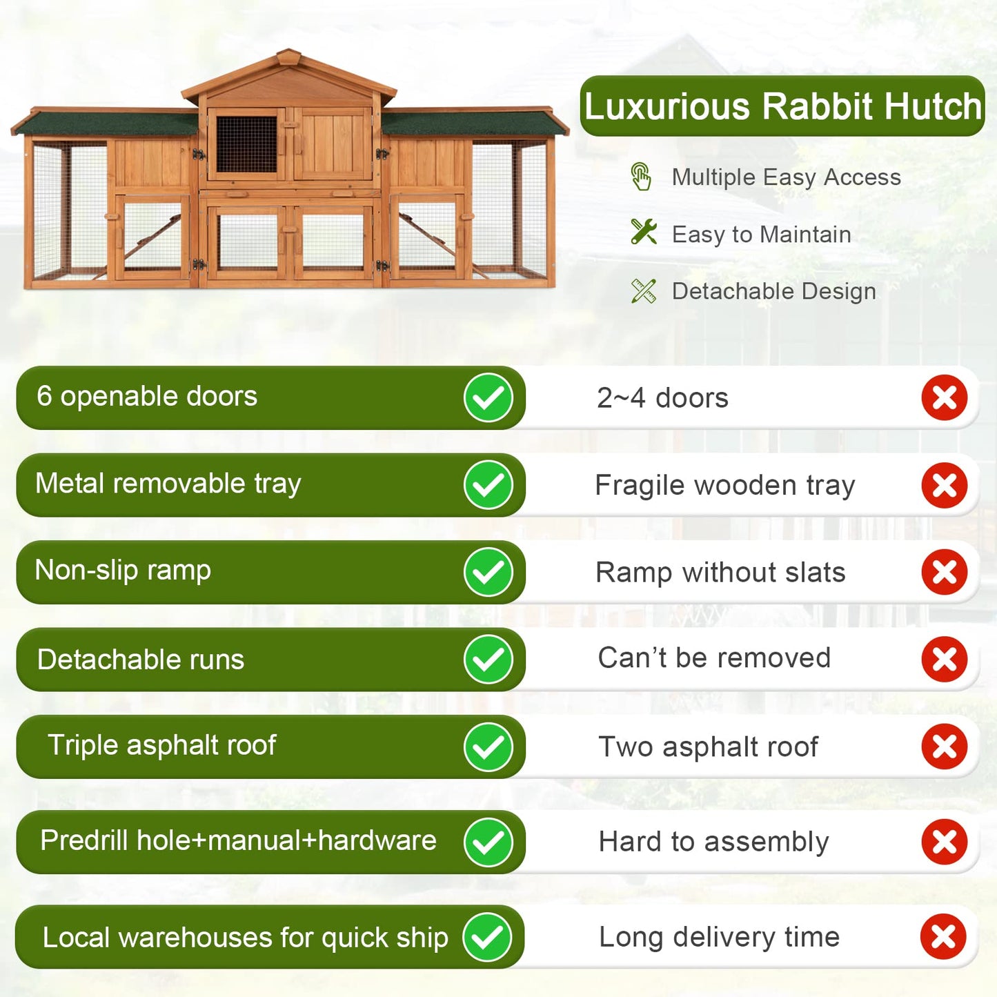 Rabbit Hutch Outdoor, 74" Large Bunny Cage with Waterproof Roof, Removable Pull Out Tray, 2 Runs, 2-tier Wooden Rabbit House for Small Animals, Rabbit Enclosure Suits for Guinea Pigs, Hamster - WoodArtSupply