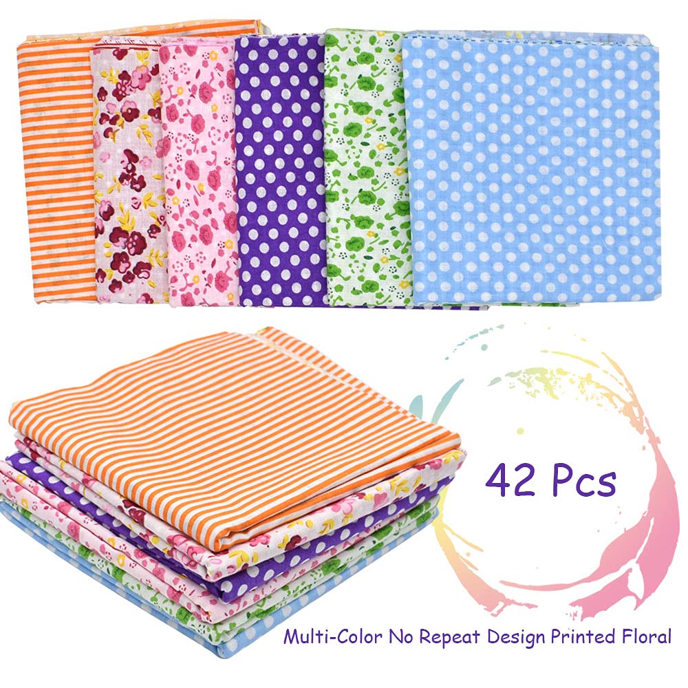 42Pcs 10"x10" Quilting Cotton Fabric Squares Sheets Pre-Cut Multi-Color Design Printed Floral Craft Fabric for DIY Sewing Scrapbooking Quilting Craft Patchwork (Red/Pink/Yellow/Green/Blue/Purple) HDST-HOME