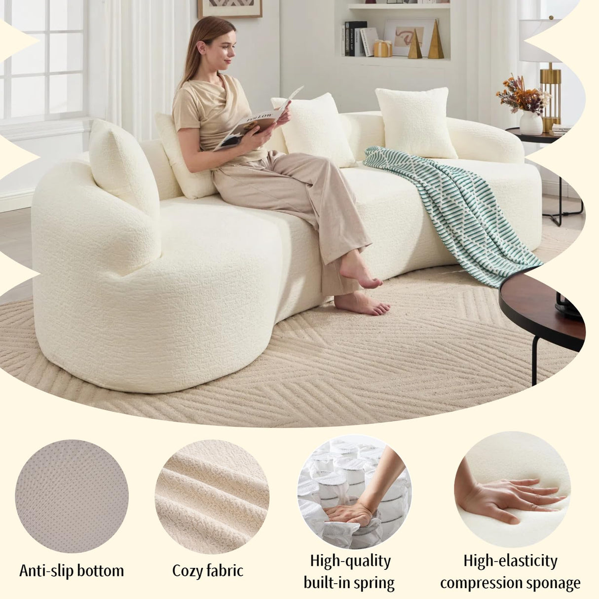 Hnvzldn 110" Curved Sectional Sofa with 4 Seater,Curved Sofa for Living Room,Modern Sectional Couch Boneless Sofa,Wood Grain Chenille Fabric, No Installation Requirement (White,110") Hnvzldn