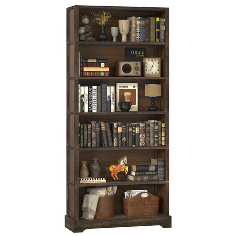 TVU 6-Tier Wooden Book Shelf, Floor-Standing Display Bookcase, 77.2" H x 31.5" W x 11" D Bookshelf, Farmhouse Style Book Case with Arched Base, Suitable for Living Room, Study, Office, Rustic Brown TVU