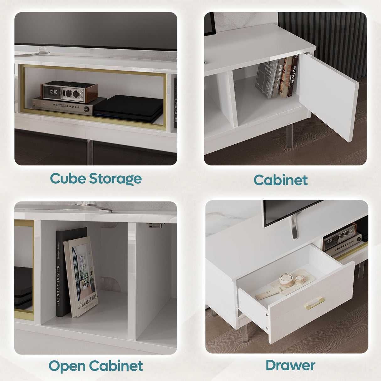 Bestier Modern TV Stand for 85 inch TV, 80 inch Long LED Entertainment Center with Storage Drawer & Cabinets for Living Room, High Gloss Media Console Table, Furniture in Living Room, White Gold Bestier