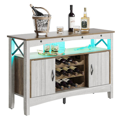 Bestier Wine Bar Cabinet with Wine Rack, Farmhouse Coffee Bar Sideboard with LED Lights, Industrial Sideboard Buffet Cabinet with Storage, White - WoodArtSupply