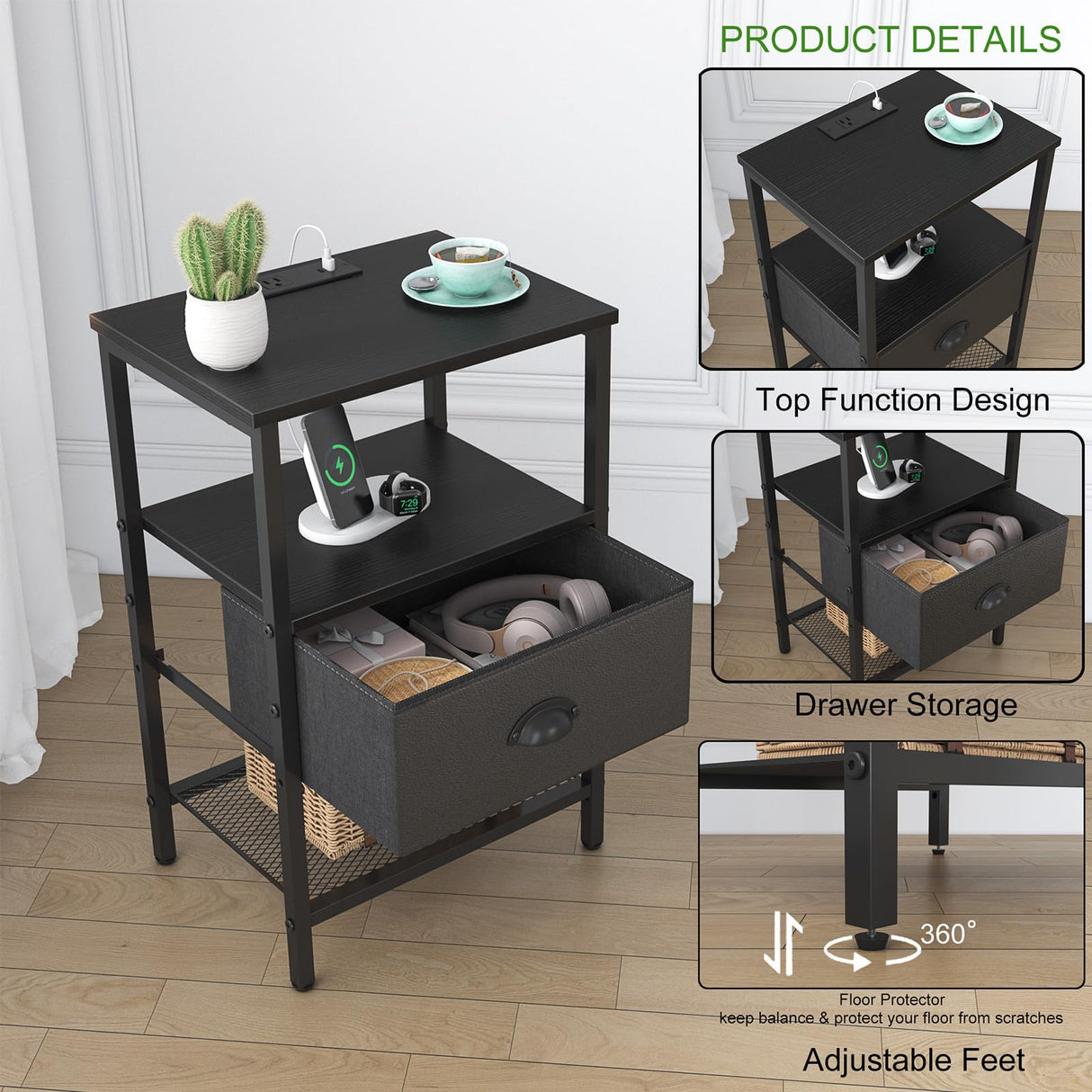 sthmec Nightstands Set of 2, Black Night Stands with Charging Station, Bedside Tables with Fabric Drawers PU Finish, 2-Tier Side Table with Open Shelf, Nightstands with Drawer,Black sthmec