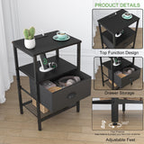 sthmec Nightstands Set of 2, Black Night Stands with Charging Station, Bedside Tables with Fabric Drawers PU Finish, 2-Tier Side Table with Open Shelf, Nightstands with Drawer,Black sthmec