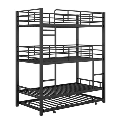 Harper & Bright Designs Metal Twin Size Triple Bunk Bed with Trundle for 4, Bunk Beds with 2 Ladders & Guardrails, Convertible to 3 Separate Beds for Kids Teens, Space-Saving, Black