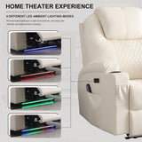 IBTKIG Power Recliner Chair with Heat and Massage, PU Leather Home Theater Seating w/LED Lights/Cup Holders/Side Pocket/USB Port, Lazy Boy Reclining Sofa Chair for Living Room (3, White) IBTKIG